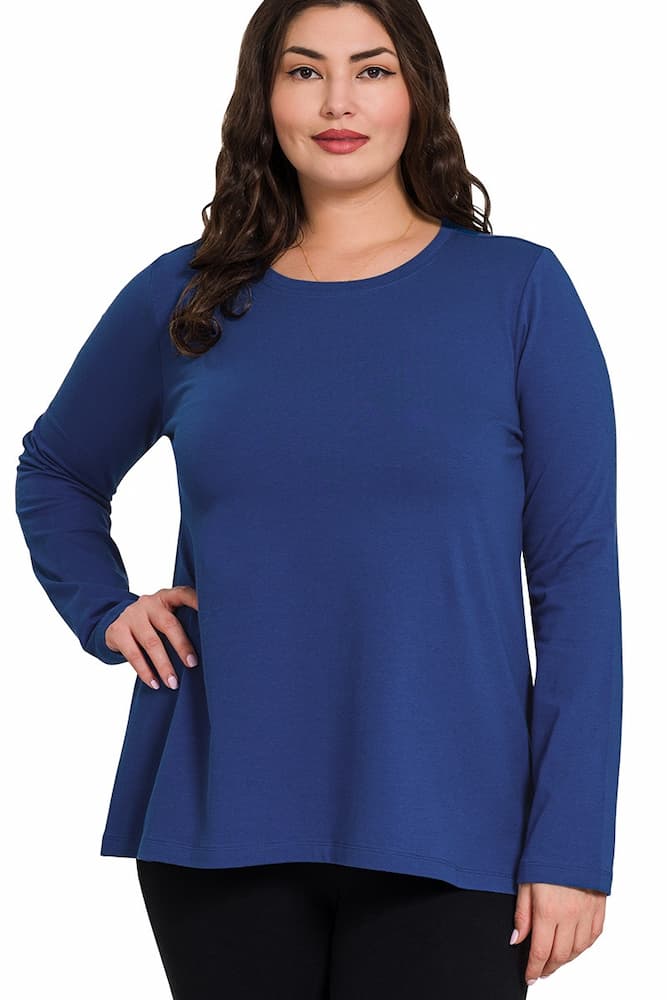 Zenana Cotton Long Sleeve Crew Neck T-Shirt Navy Plus Size Front