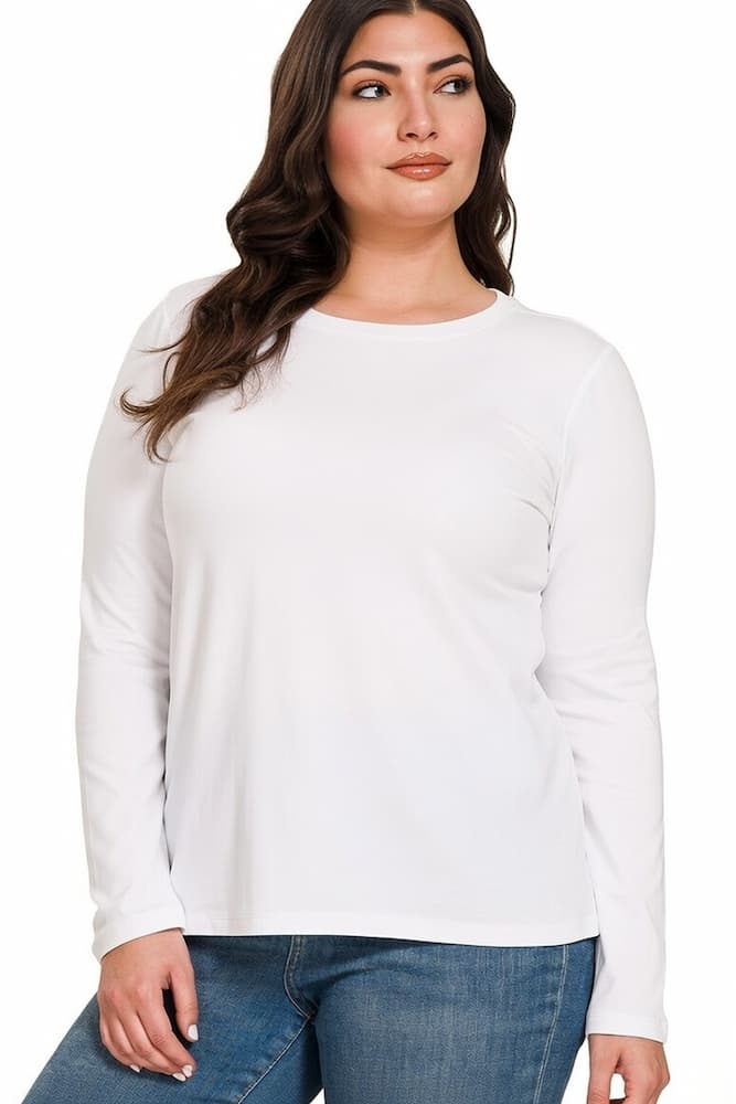 Zenana Cotton Long Sleeve Crew Neck-T-Shirt Plus Size White