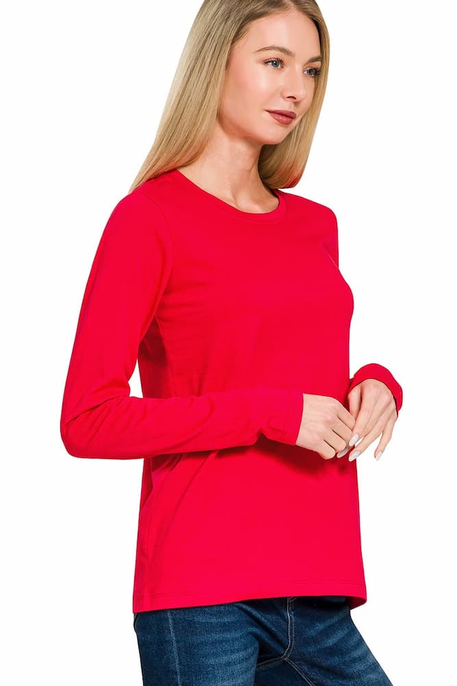Zenana Cotton Long Sleeve Crew Neck T-Shirt Ruby Front