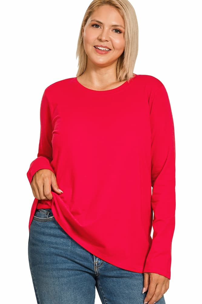 Zenana Cotton Long Sleeve Crew Neck T-Shirt Ruby Side Plus Size