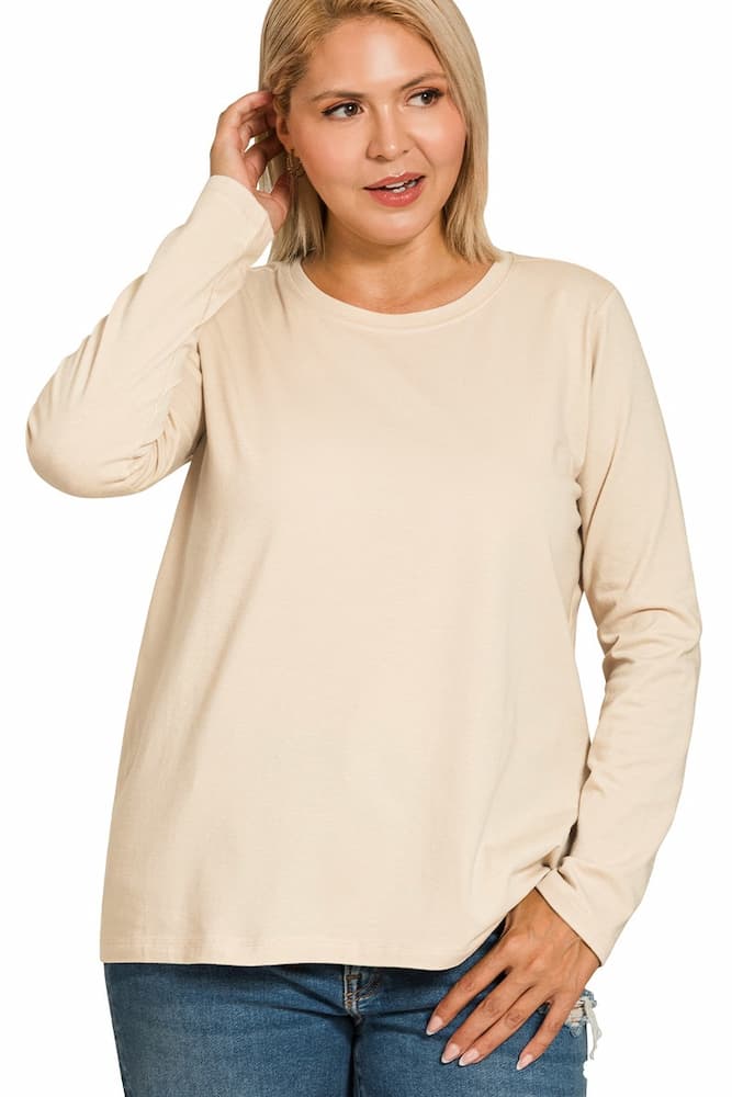Zenana Cotton Long Sleeve Crew Neck T Shirt Sand Beige Front Plus Size