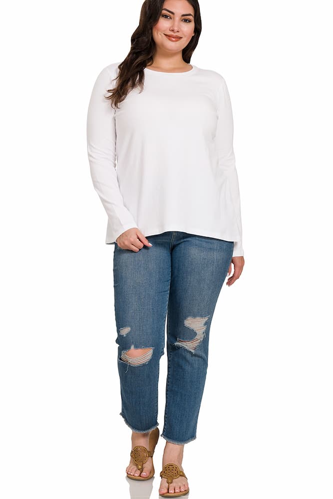 Zenana Cotton Long Sleeve Crew Neck T-Shirt White Plus Size Back