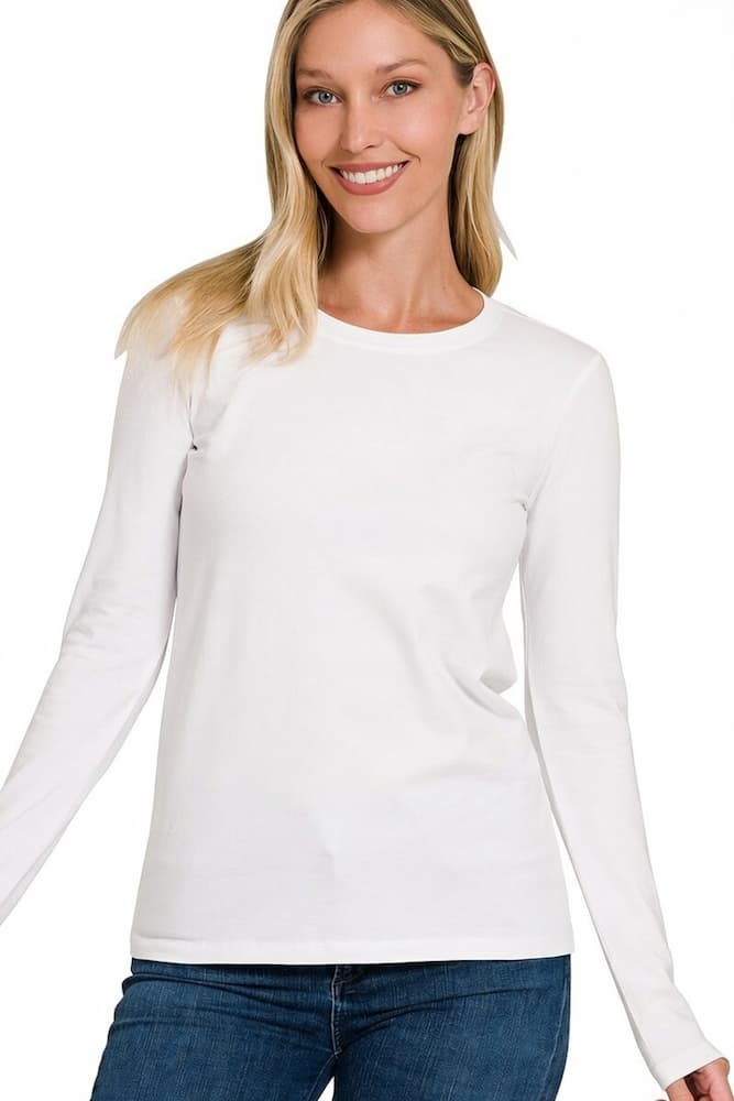 Zenana Cotton Long Sleeve Crew Neck T-Shirt White Side