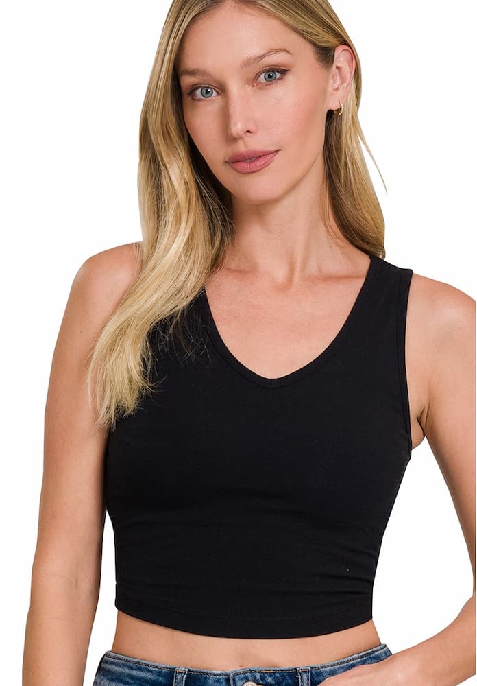 Zenana Cotton V-Neck Cropped Cami Top Black Model View