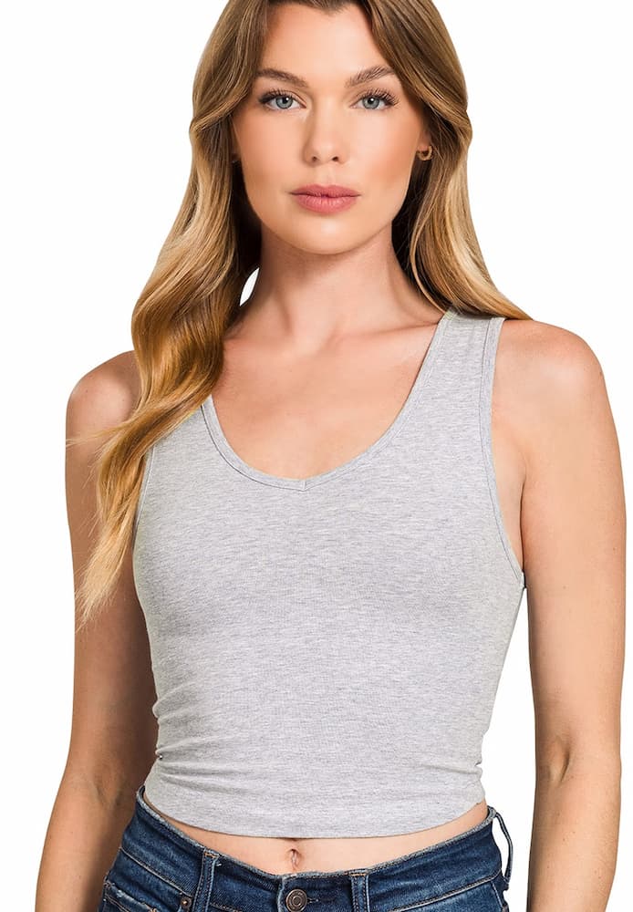 Zenana Cotton V-Neck Cropped Cami Top Heather Grey model View