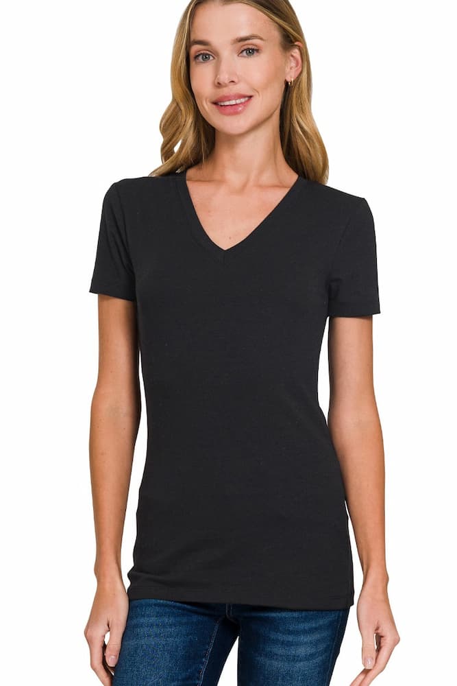 Zenana Cotton V-Neck Short Sleeve Tee Black Front