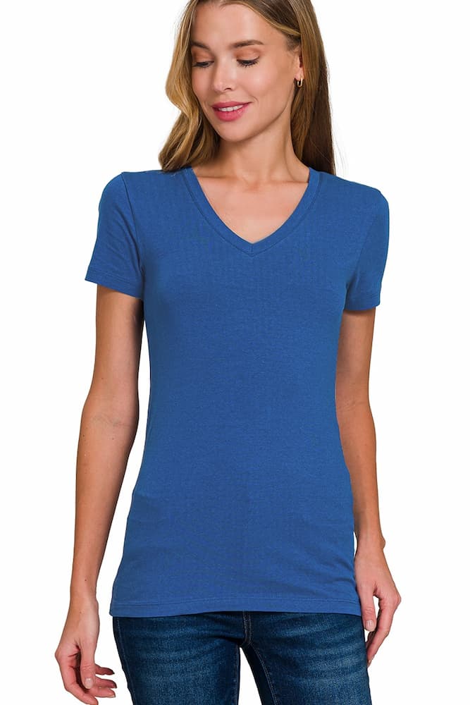 Zenana Cotton V-Neck Short Sleeve Tee Light Navy Front