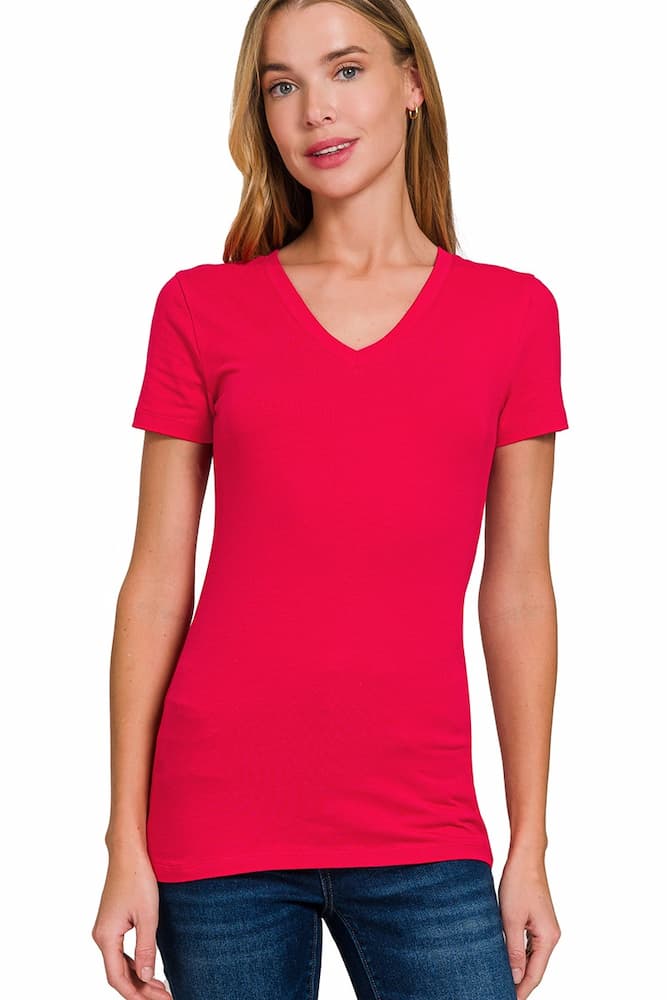 Zenana Cotton V-Neck Short Sleeve Tee Light Navy Front