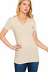 Zenana Cotton V Neck Short Sleeve Tee Sand Beige Front