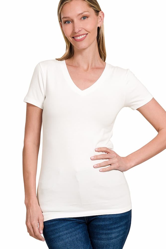 Zenana Cotton V-Neck Short Sleeve Tee White Front
