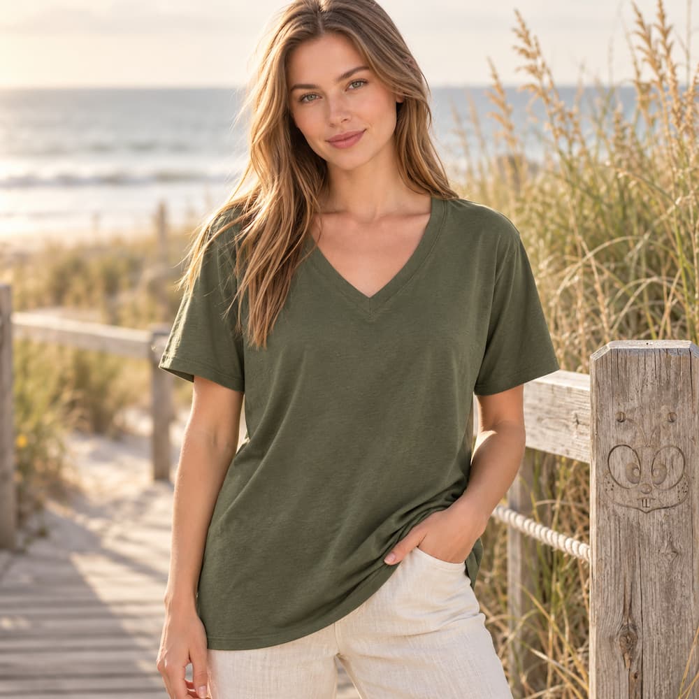 Zenana Cotton boyfriend V-Neck Tee Army Green Front View