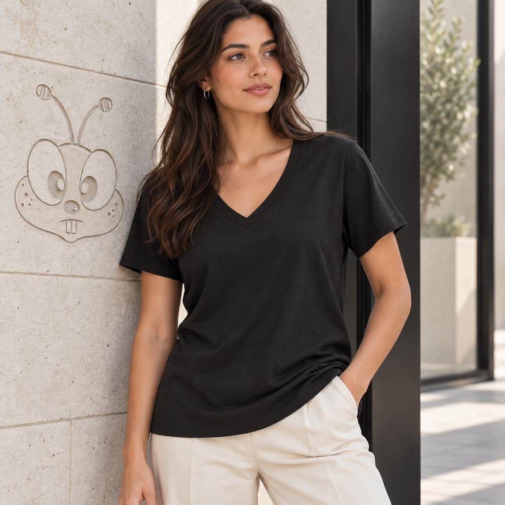 Zenana Cotton boyfriend V-Neck Tee Black Front View