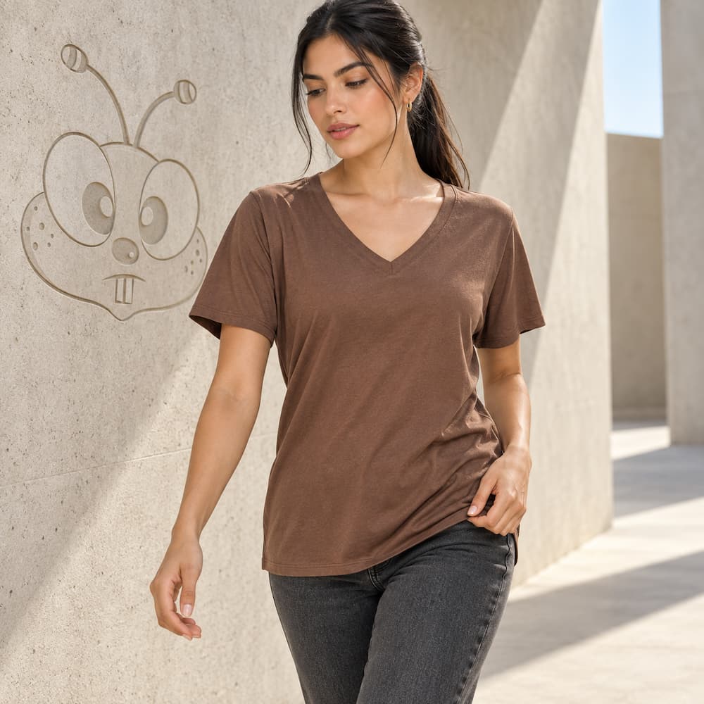 Zenana Cotton boyfriend V-Neck Tee Brown Front View