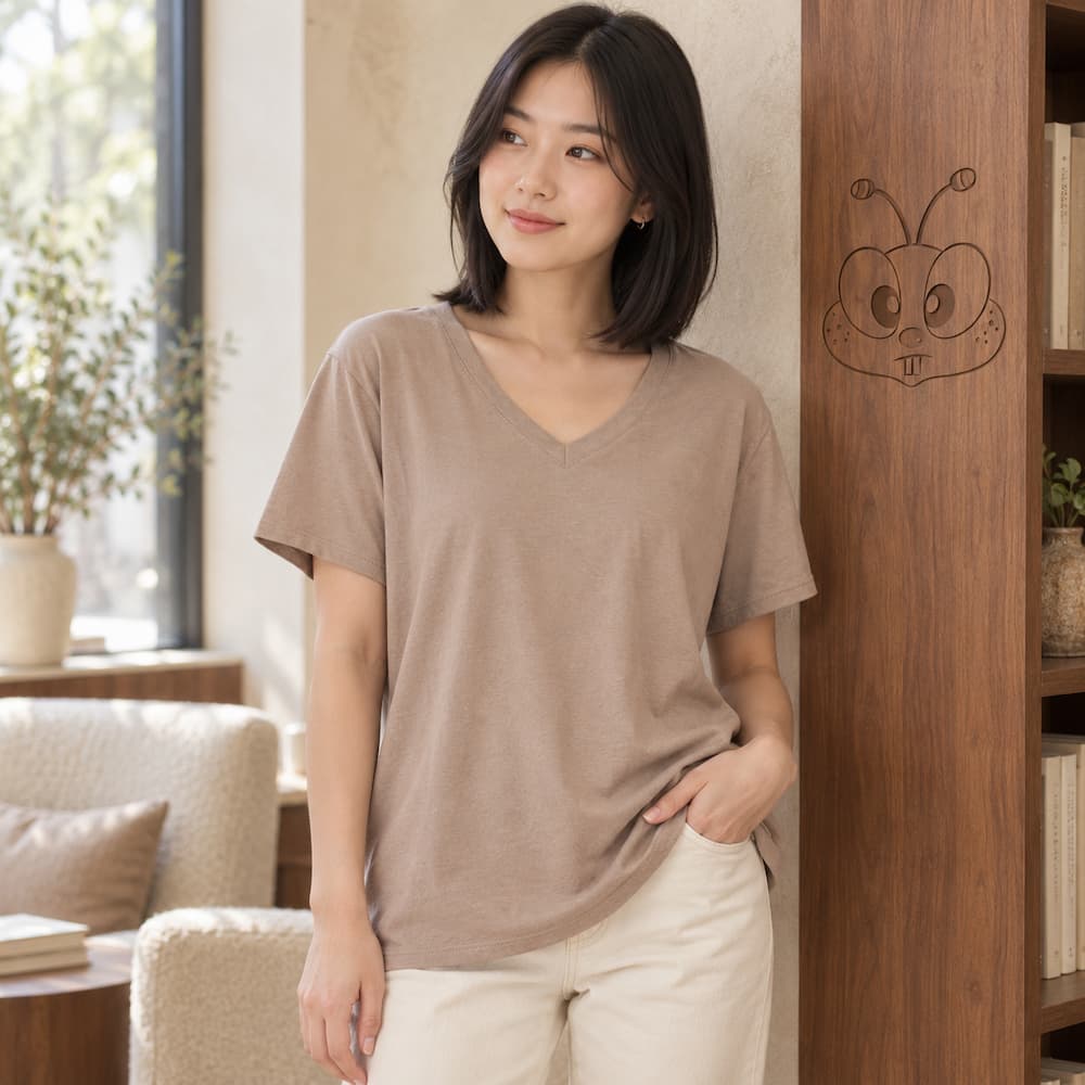 Zenana Cotton boyfriend V-Neck Tee Cocoa Front View