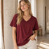 Zenana Cotton boyfriend V-Neck Tee Dark Burgundy Model