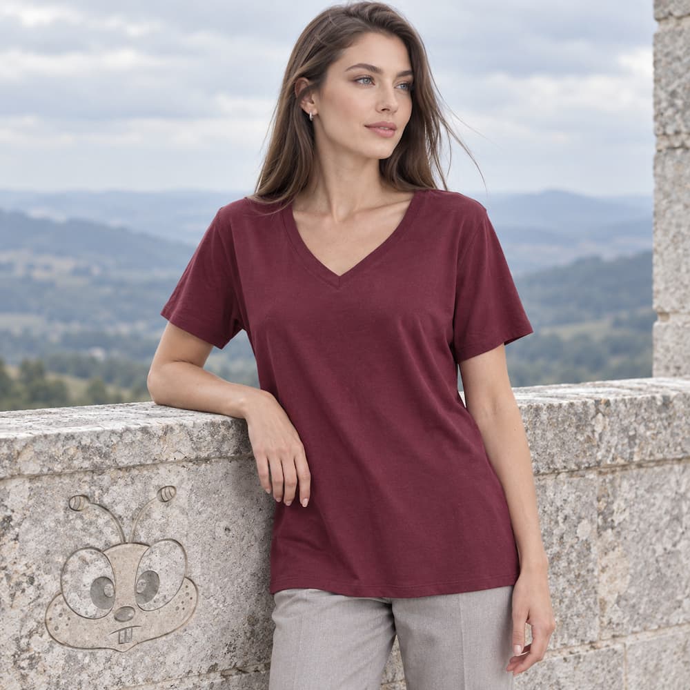 Zenana Cotton boyfriend V-Neck Tee Dark Burgundy Side View