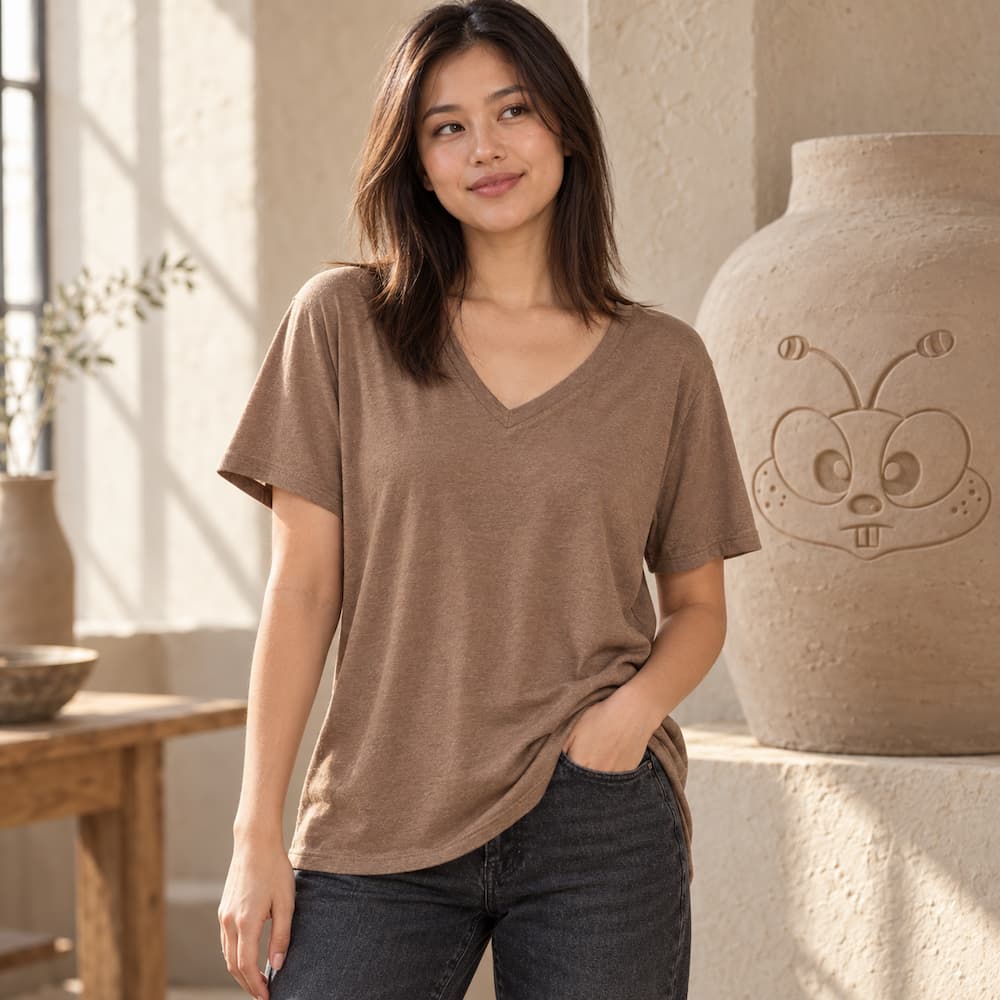 Zenana Cotton boyfriend V-Neck Tee Mocha Side View