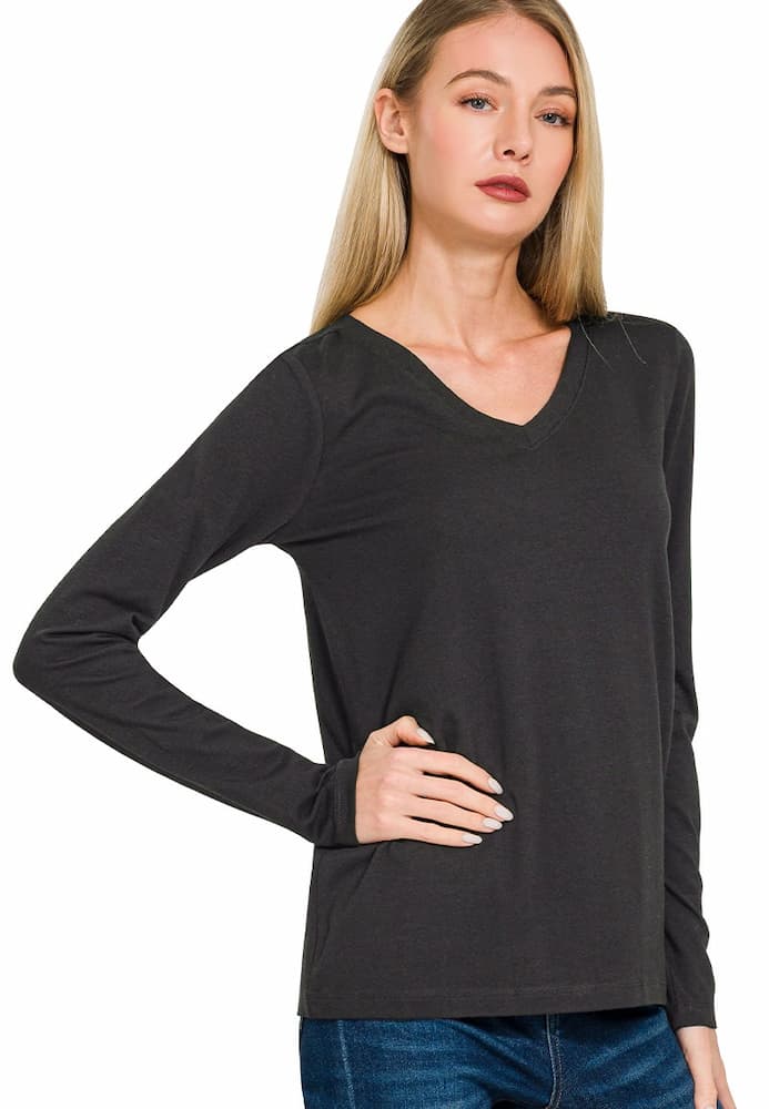 Zenana Cotton v-neck long sleeve t-shirt Black Front