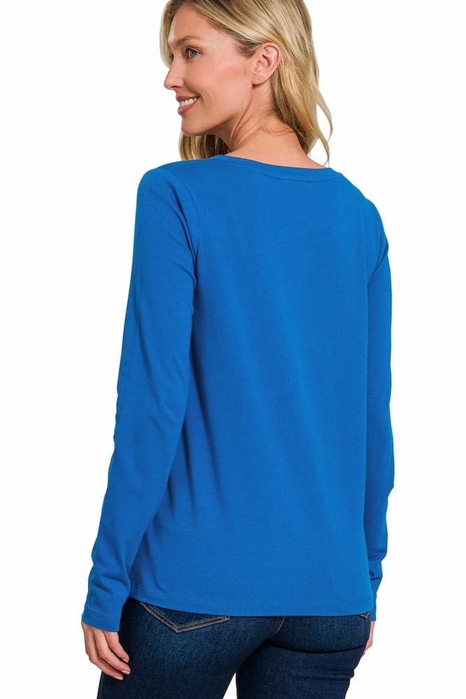 Zenana Cotton v-neck long sleeve t-shirt Blue Back