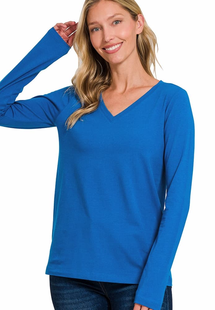 Zenana Cotton v-neck long sleeve t-shirt Blue Front