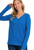 Zenana Cotton v-neck long sleeve t-shirt Blue Front