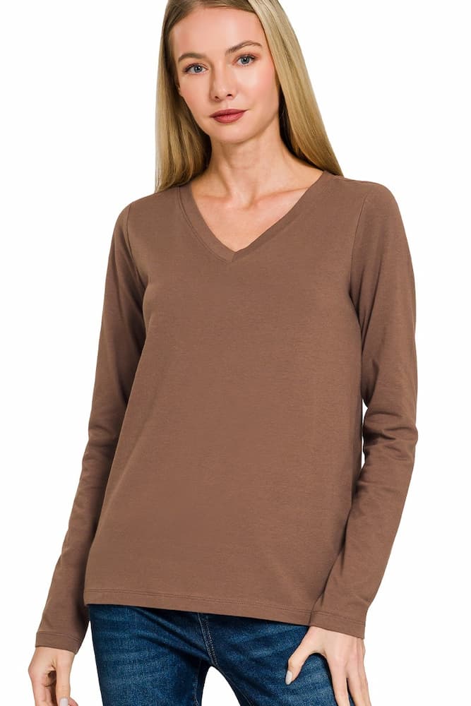 Zenana Cotton v-neck long sleeve t-shirt Brown Front