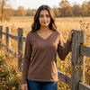 Zenana Cotton v-neck long sleeve t-shirt Brown