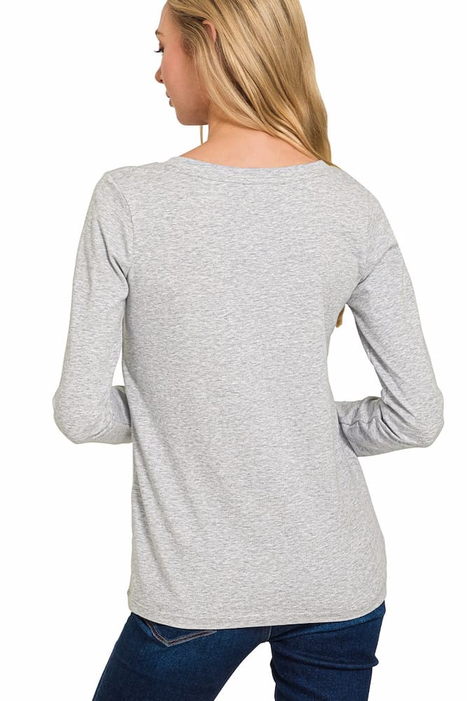 Zenana Cotton v-neck long sleeve t-shirt Heather Grey Back