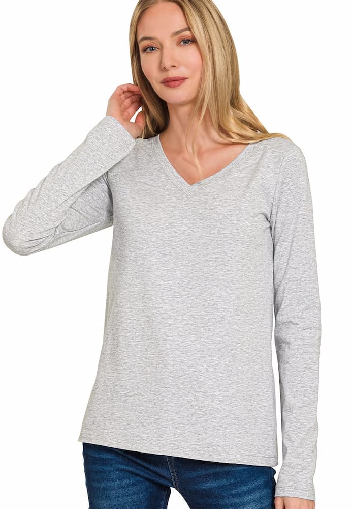 Zenana Cotton v-neck long sleeve t-shirt Heather Grey Front