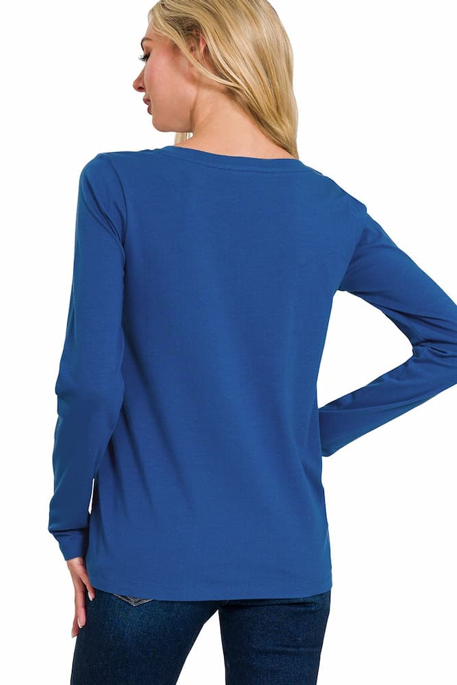 Zenana Cotton v-neck long sleeve t-shirt Light Navy Back