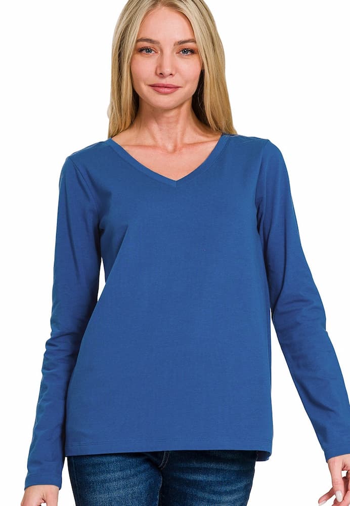 Zenana Cotton v-neck long sleeve t-shirt Light Navy Model