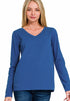 Zenana Cotton v-neck long sleeve t-shirt Light Navy Model