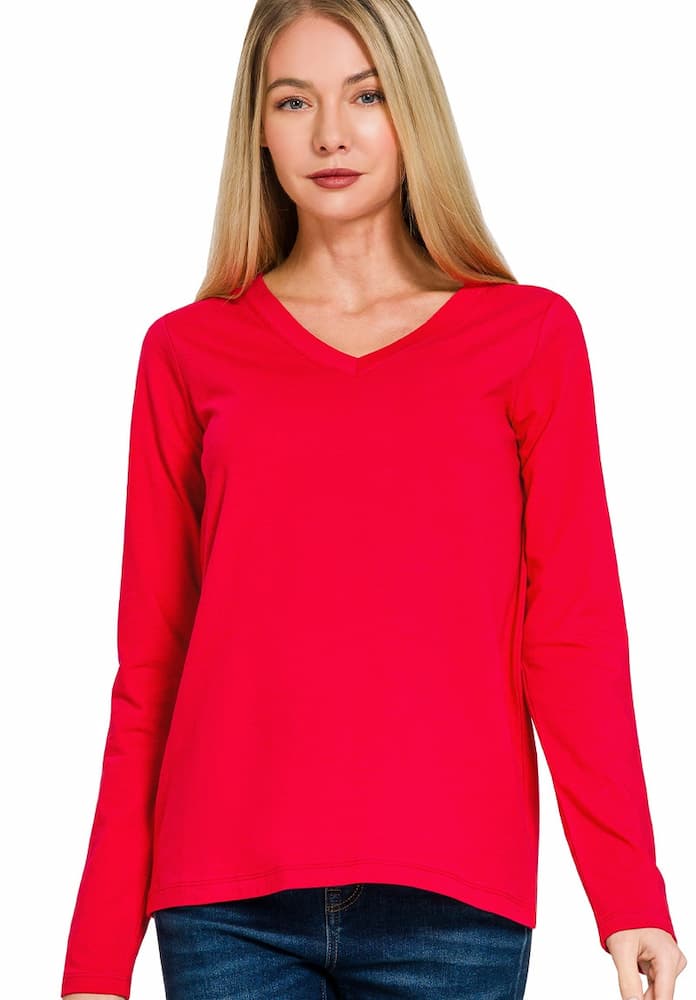 Zenana Cotton v-neck long sleeve t-shirt Ruby Front