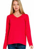 Zenana Cotton v-neck long sleeve t-shirt Ruby Front