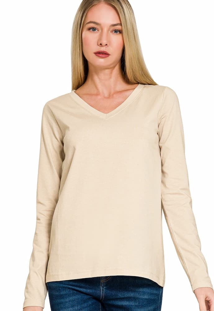 Zenana Cotton v-neck long sleeve t-shirt Sand Beige Front