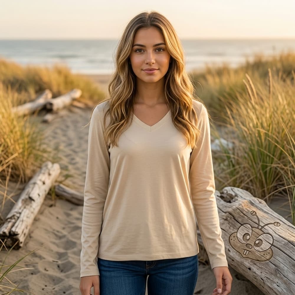 Zenana Cotton v-neck long sleeve t-shirt Sand Beige