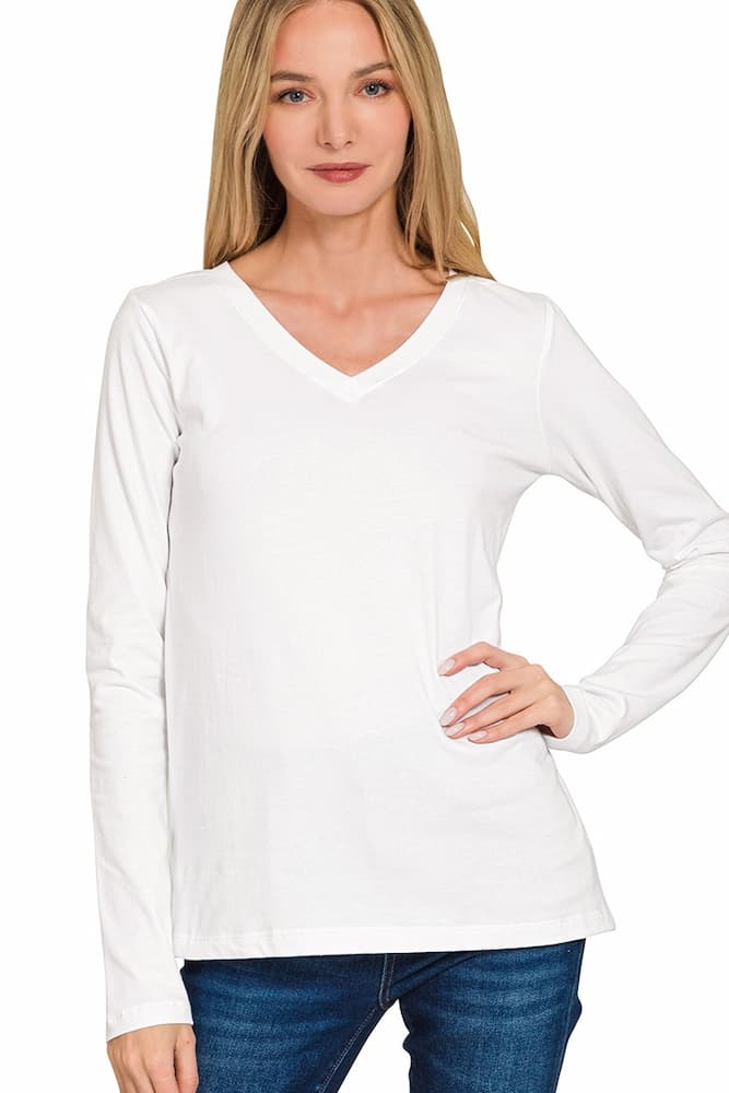 Zenana Cotton v-neck long sleeve t-shirt White Front