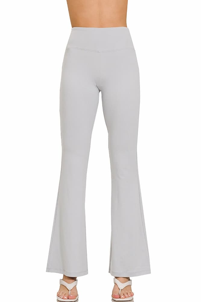 Zenana High Waist Flare Leg Yoga Pants Light Grey Front
