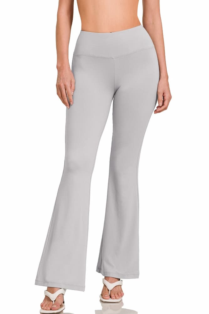 Zenana High Waist Flare Leg Yoga Pants Light Grey Model