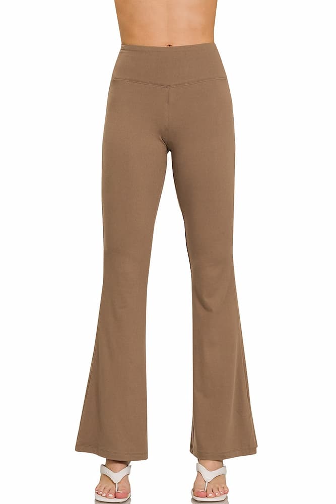 Zenana High Waist Flare Leg Yoga Pants Mocha Front
