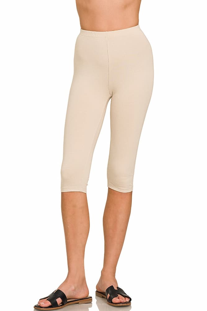 Zenana Premium Cotton Capri Leggings Sand Beige Front View