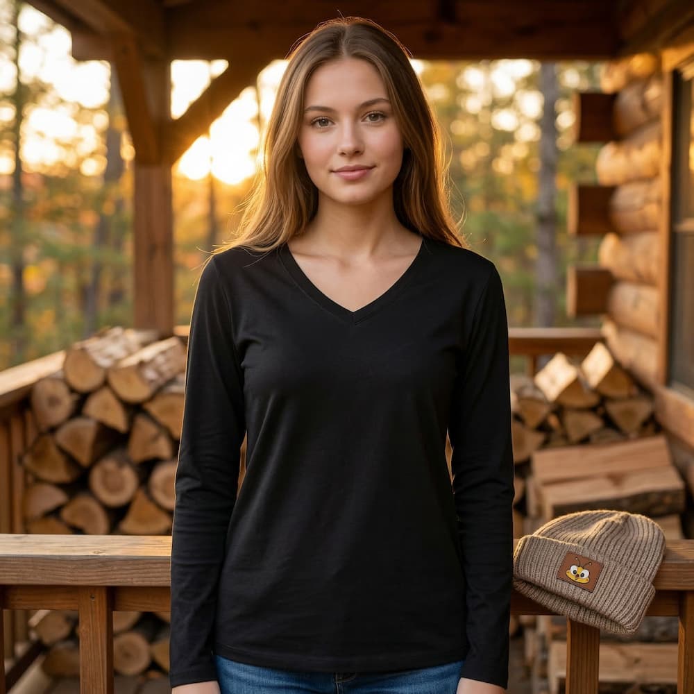 Zenana Cotton v-neck long sleeve t-shirt Black