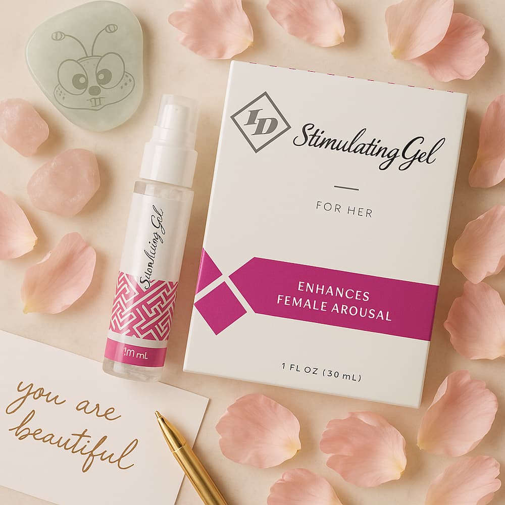 ID Stimulating Gel for Her bottle and carton surrounded by pink rose petals