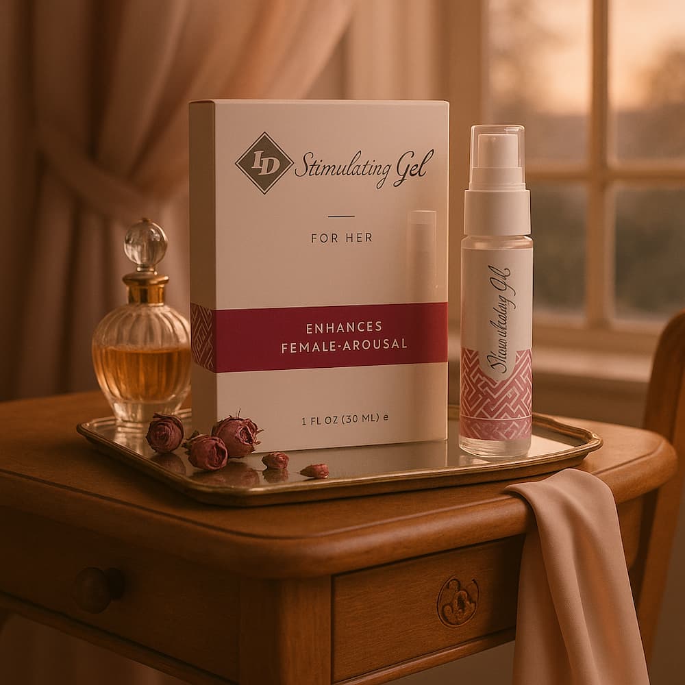 ID Stimulating Gel for Her pump bottle and carton on a vanity tray