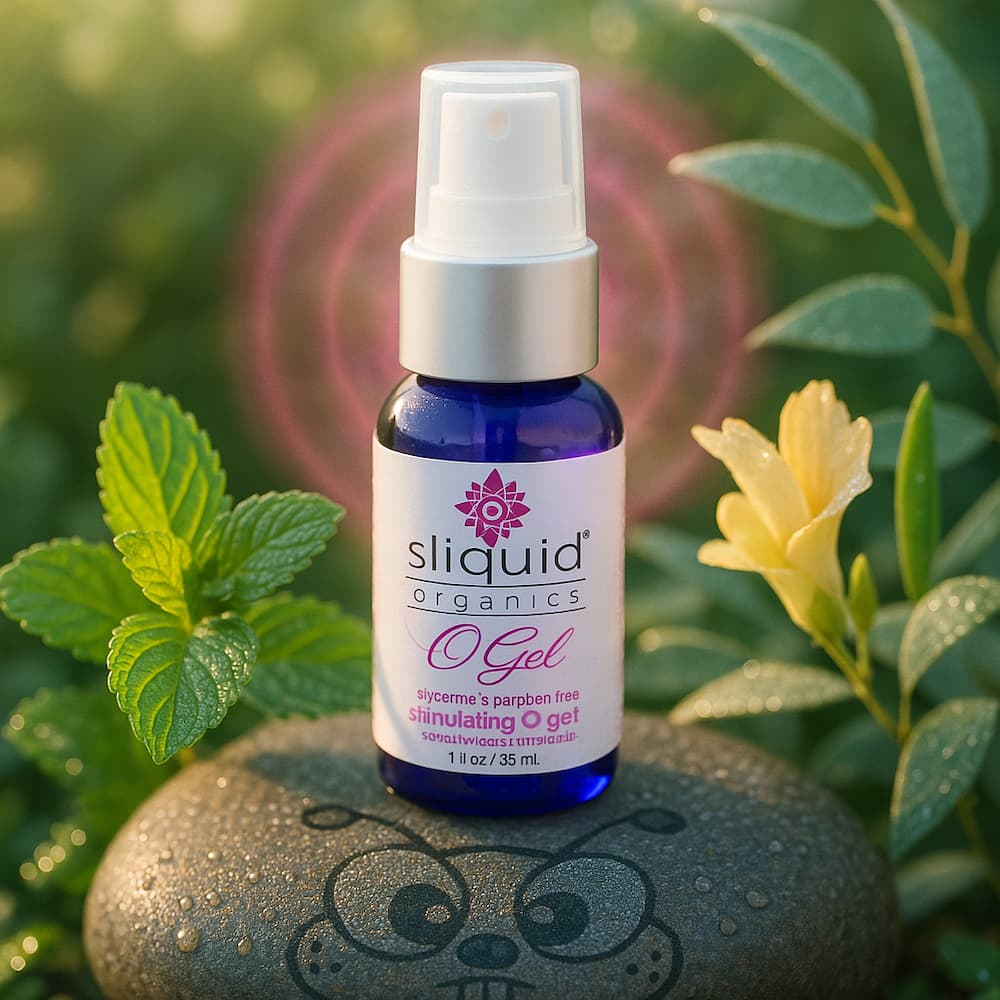 Sliquid O Gel bottle on a stone with green leaves and flowers