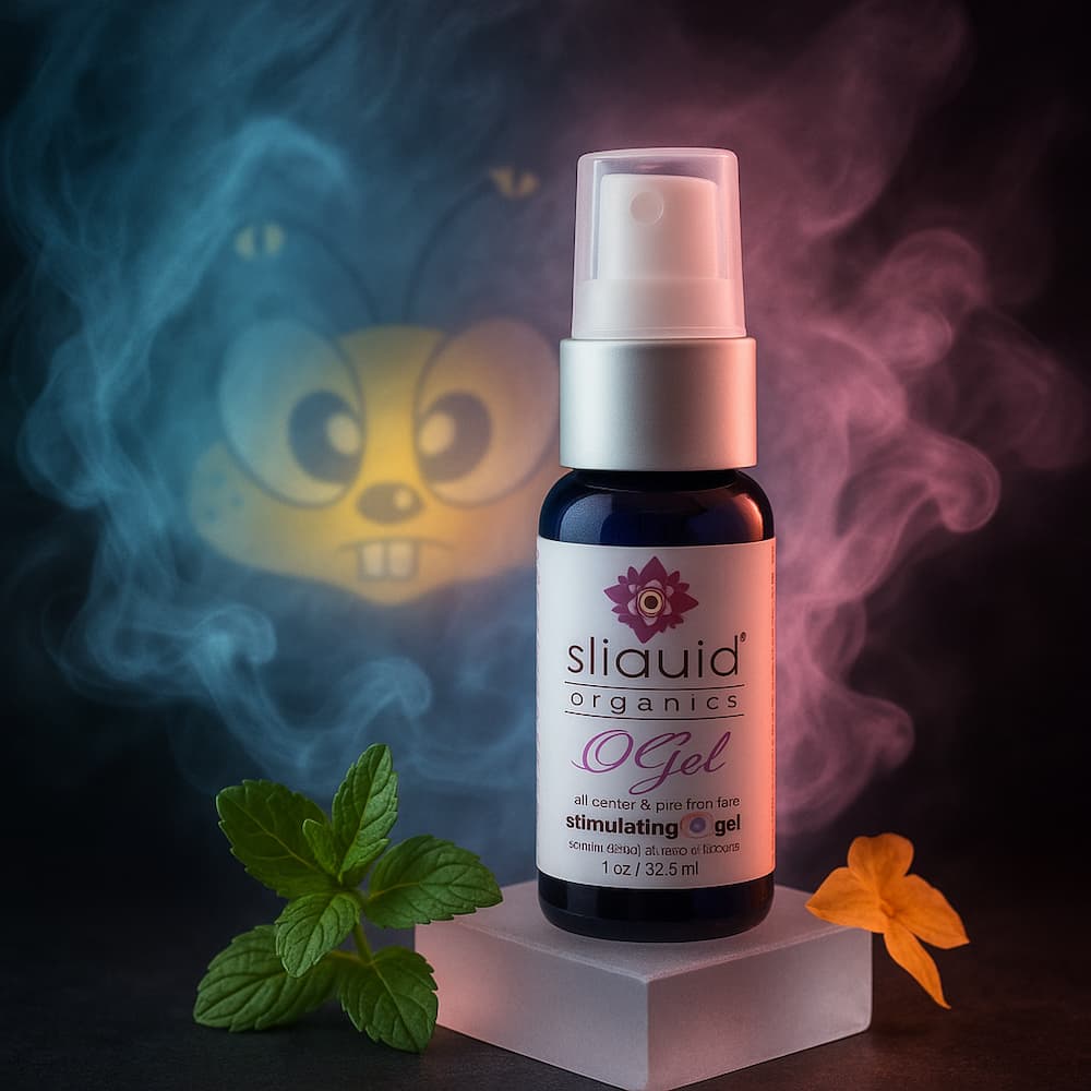 Sliquid Organics O Gel bottle on a pedestal with mint leaves and colored mist