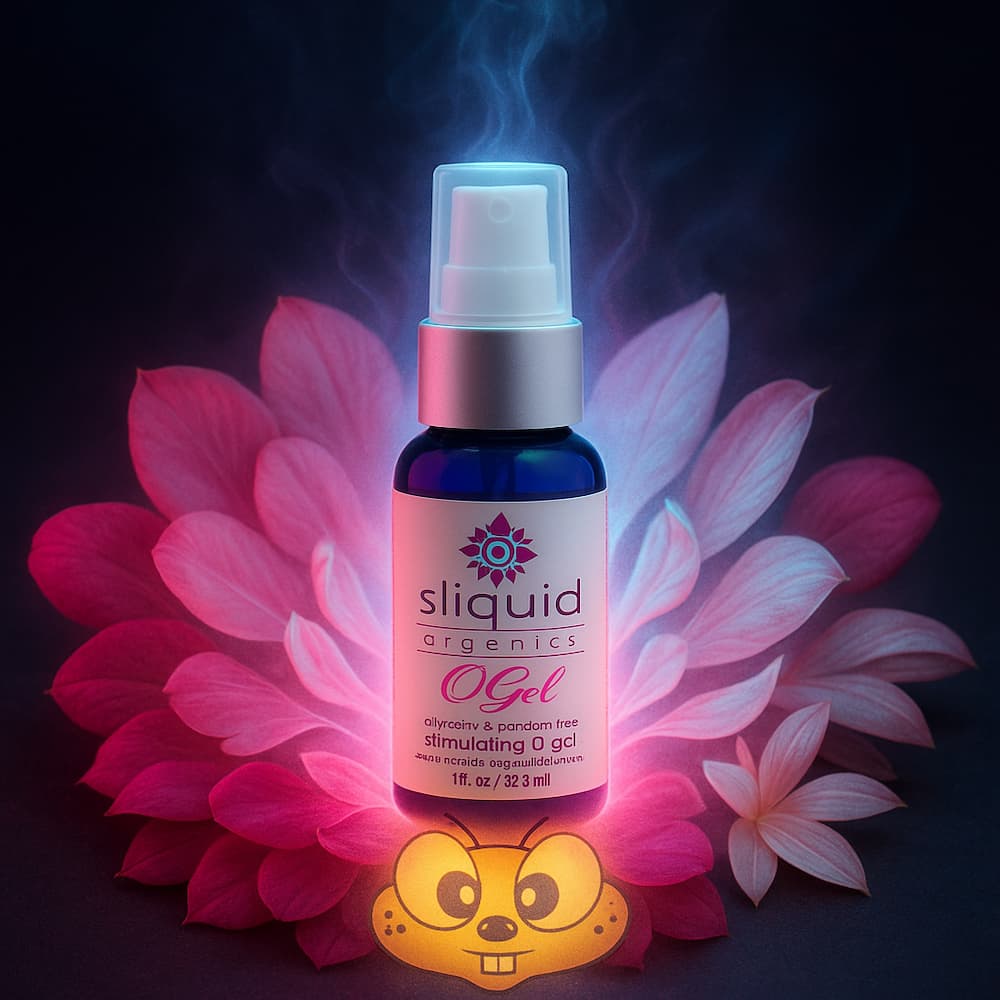 Sliquid O Gel bottle against pink petals and blue lighting