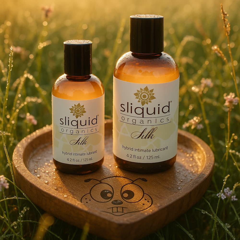 Sliquid Organics Silk hybrid lube bottles on a wooden tray in a meadow