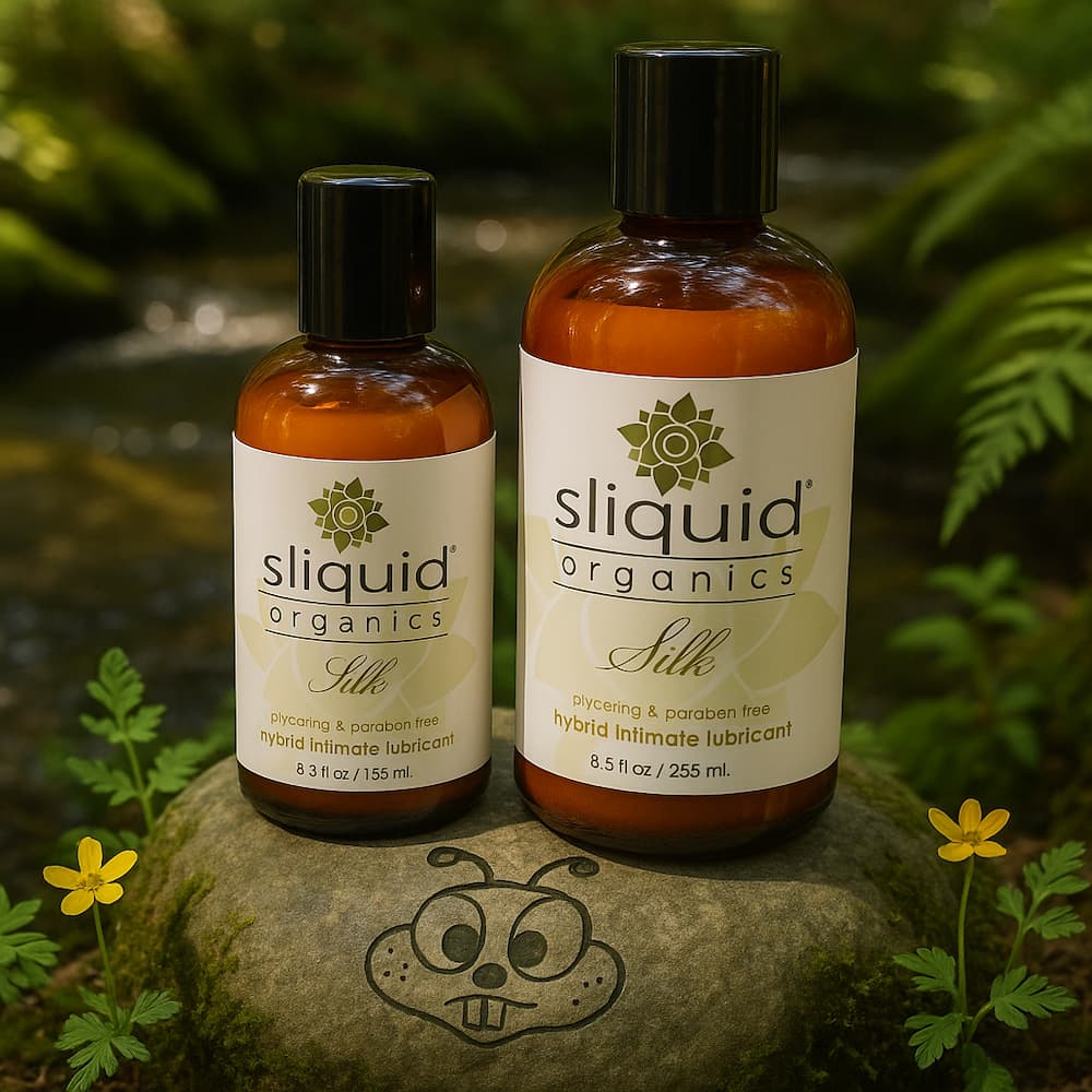 Sliquid Organics Silk aloe and silicone lubricant bottles in a woodland setting