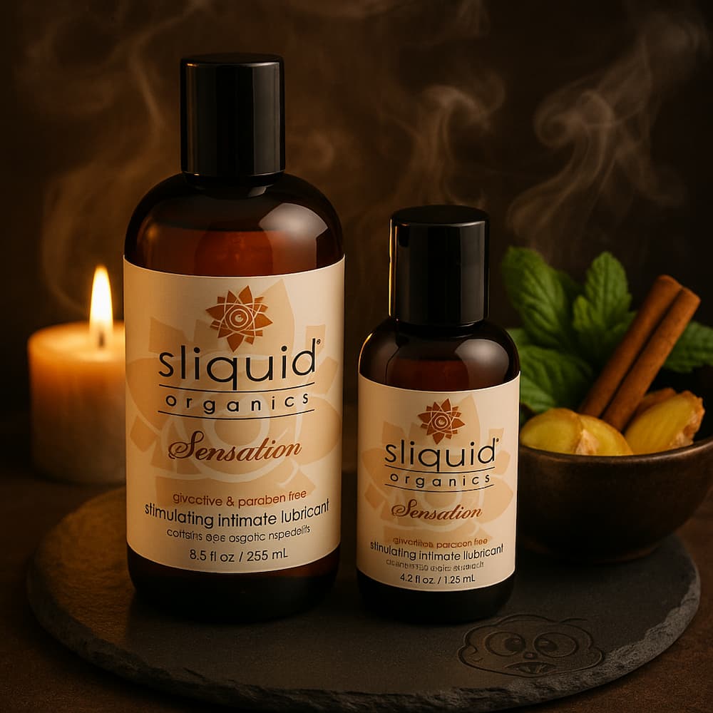 Sliquid Organics Sensation bottles beside a candle in a dark display